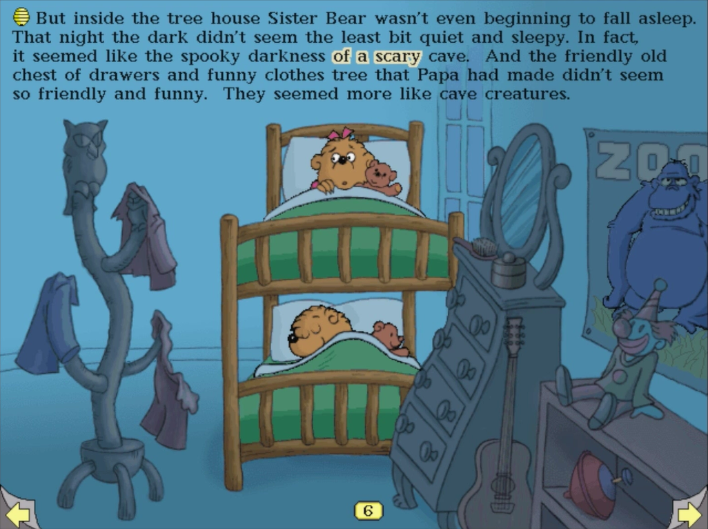 The Berenstain Bears in the Dark (Windows) screenshot: Sister Bear cannot sleep because she is afraid of the dark.