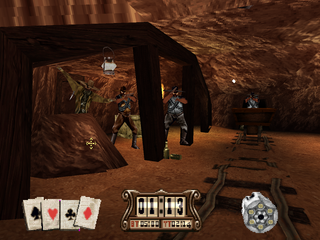 Gunfighter: The Legend of Jesse James (PlayStation) screenshot: Cart tracks