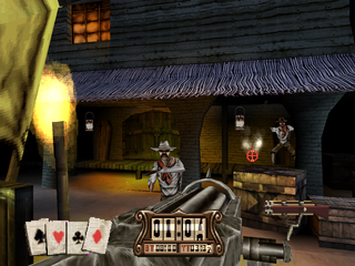 Gunfighter: The Legend of Jesse James (PlayStation) screenshot: Using the gatling gun.
