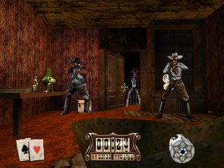 Gunfighter: The Legend of Jesse James (PlayStation) screenshot: Taking cover behind the bathtub.