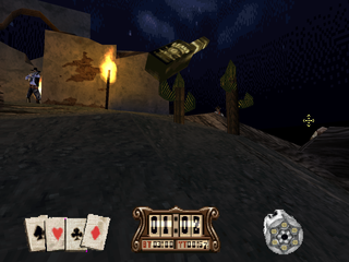 Gunfighter: The Legend of Jesse James (PlayStation) screenshot: Enemy throwing bottles.
