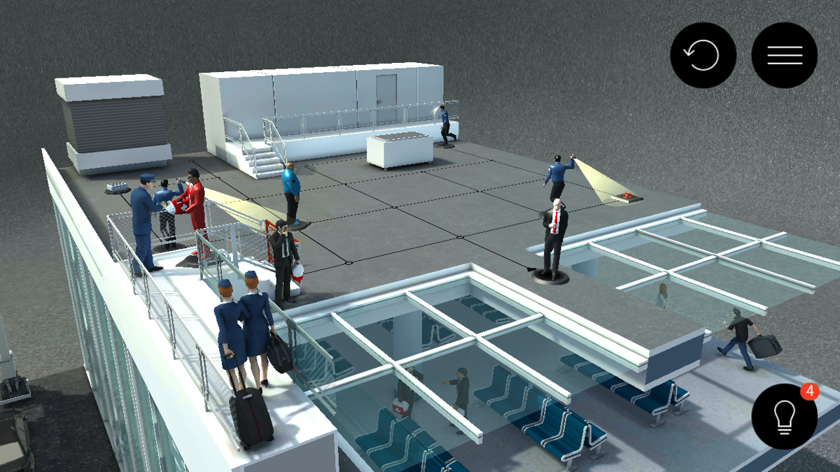 Hitman GO (Android) screenshot: Top of the airport building