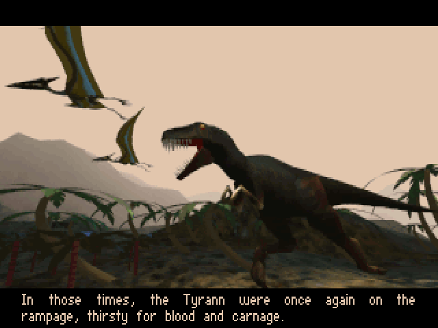 Lost Eden (Windows) screenshot: No matter the time period, T-Rex is never the good guy