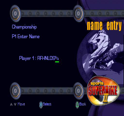 Sports Superbike 2 (PlayStation) screenshot: Championship Mode. Name Entry.