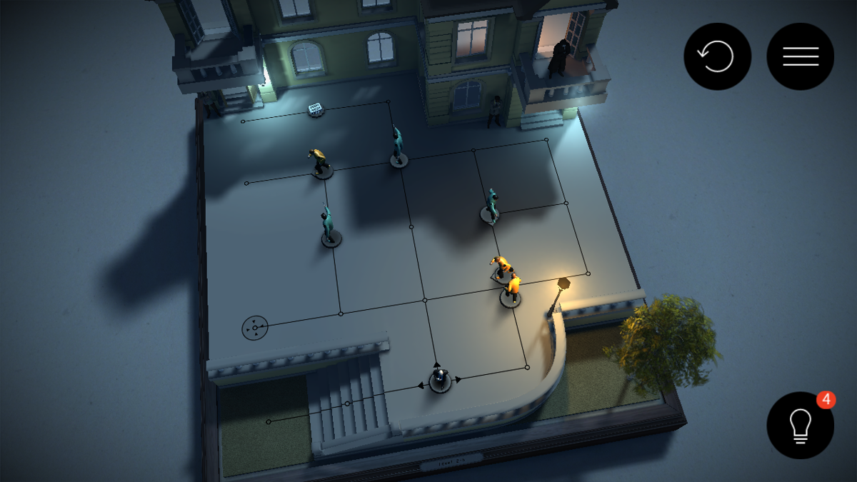 Hitman GO (Android) screenshot: Maximum zoom-out view
