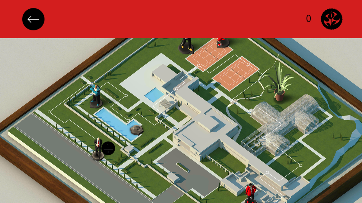 Hitman GO (Android) screenshot: Stage map inside the 1st board