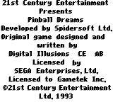 Pinball Dreams (Game Gear) screenshot: Credits splash screen