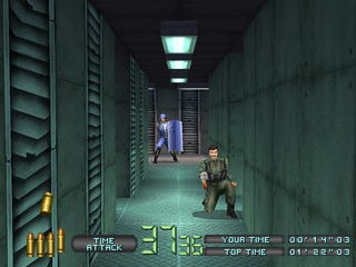 Time Crisis: Project Titan (PlayStation) screenshot: Grenade-chucking enemy