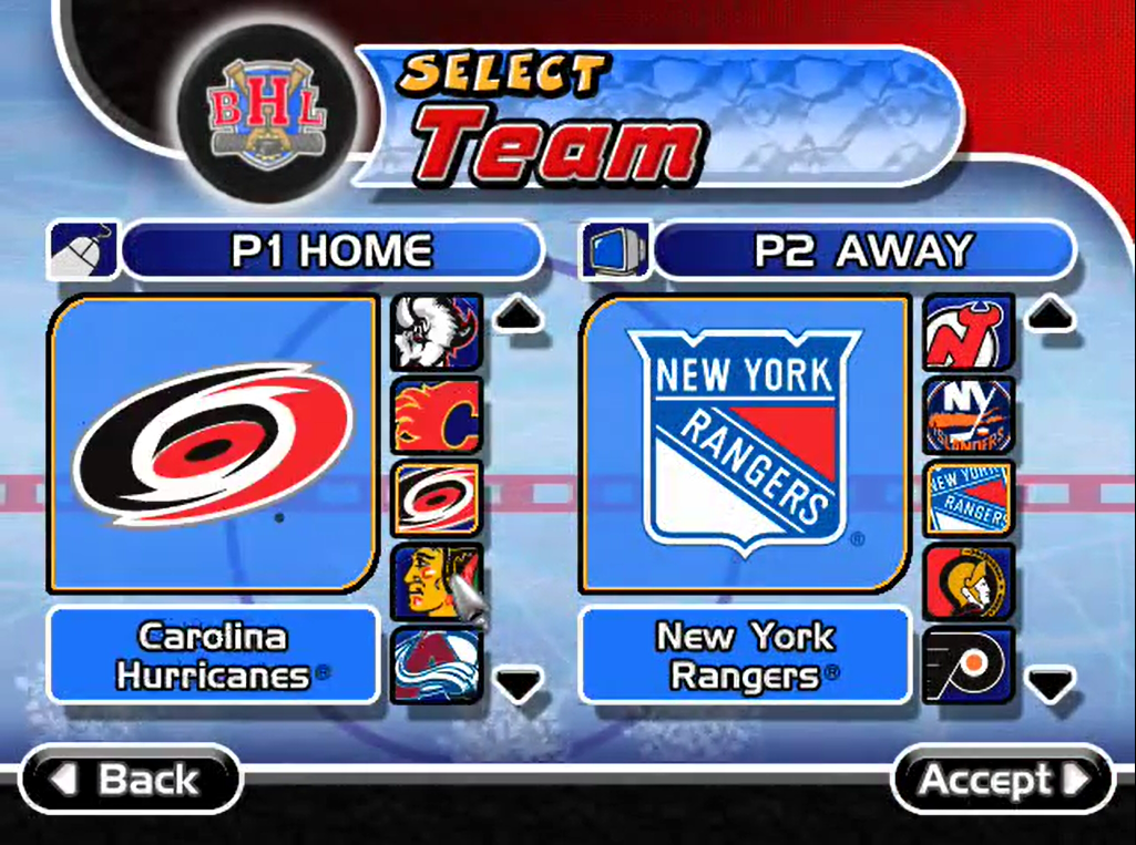 Backyard Hockey (Windows) screenshot: The team selection screen. You can either be a real life team or create your own custom team.