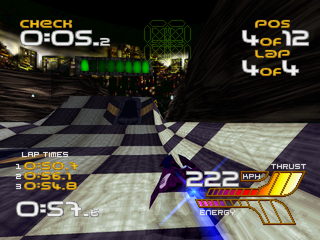 WipEout XL (PlayStation) screenshot: The Q power-up lifts the whole track up like a rug.