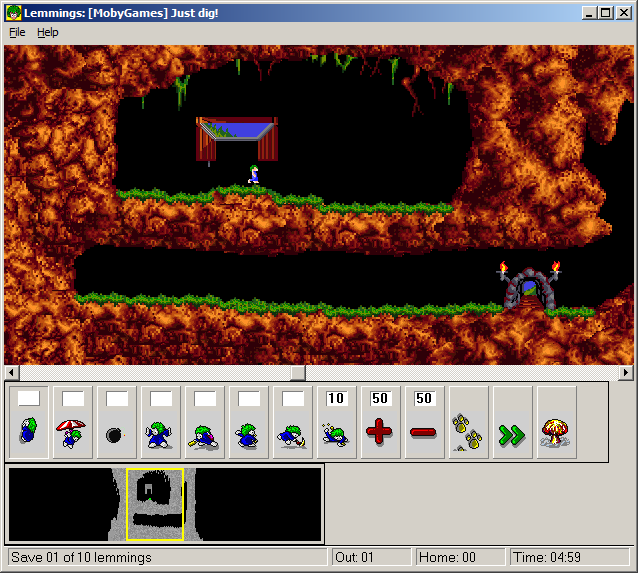 Lemmings & Oh No! More Lemmings (Windows) screenshot: First Lemmings level - Just dig!