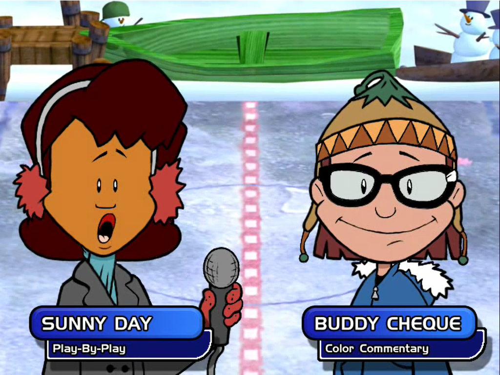 Backyard Hockey (Windows) screenshot: Sunny Day and Buddy Cheque (both names are puns) commentate the game while you are playing.