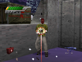 007: Tomorrow Never Dies (PlayStation) screenshot: Shooting one of the terrorists inside the bunker.
