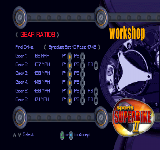 Sports Superbike 2 (PlayStation) screenshot: Setup > Workshop > Gear Ratios.