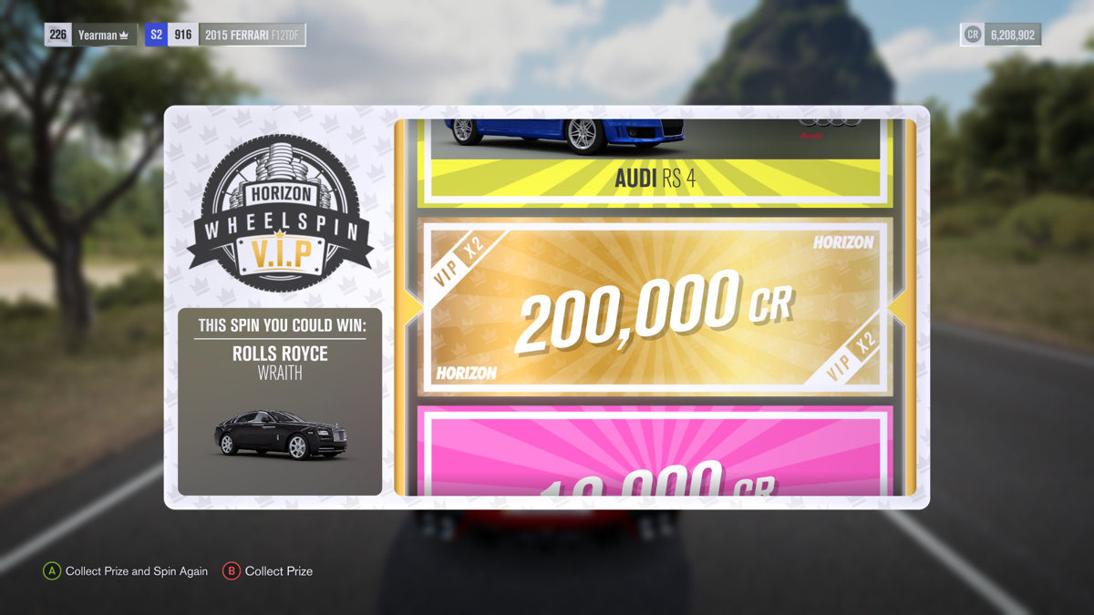 Forza Horizon 3: VIP (Xbox One) screenshot: VIPs will get double credit rewards from each wheelspin.