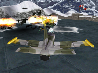 007: Tomorrow Never Dies (PlayStation) screenshot: Using the plane's weapons to destroy the surrounding vehicles and supplies.