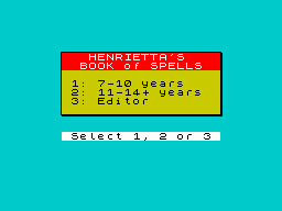 Henrietta's Book of Spells (ZX Spectrum) screenshot: The initial menu