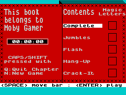 Henrietta's Book of Spells (ZX Spectrum) screenshot: The game menu.<br>SPACE moved the player between the mini games
