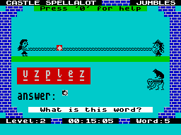 Henrietta's Book of Spells (ZX Spectrum) screenshot: The Jumbles game: The player must solve the anagram. As they do so the crystal moves closer to Henrietta on the left