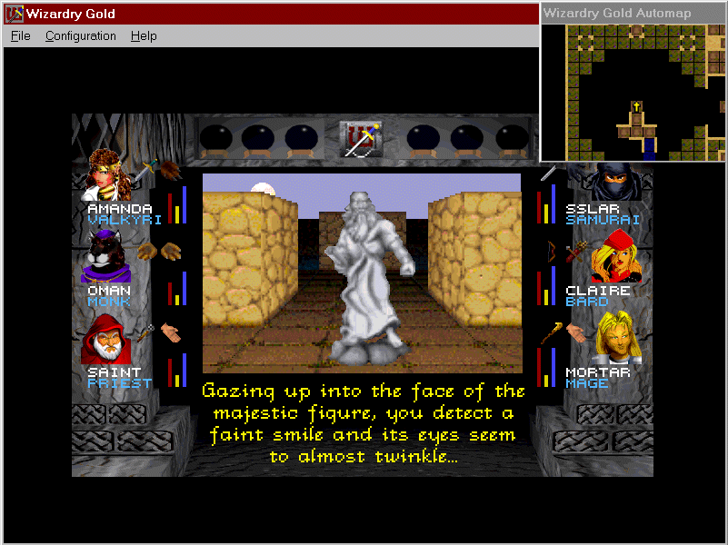 Wizardry Gold (Windows) screenshot: The new automap feature (top right) in action. Its window would inconveniently cover a part of the game screen in lower resolutions.