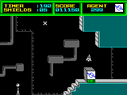 Thrust II (ZX Spectrum) screenshot: Picking up a chemical agent for use against the androids.