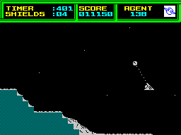 Thrust II (ZX Spectrum) screenshot: Your tow cable (or forcefield) is not flexible, it's also possible to get into a spin if you don't go easy on the controls!