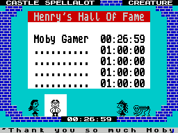 Henrietta's Book of Spells (ZX Spectrum) screenshot: When the final puzzle is solved Henry is restored to his former glory. A 'Thank-you' message scrolls across the bottom of the screen and music plays once a key is pressed