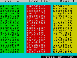 Henrietta's Book of Spells (ZX Spectrum) screenshot: One of the editor functions allows the player to view the word lists, this is the first screen of eight letter words