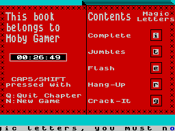 Henrietta's Book of Spells (ZX Spectrum) screenshot: As each mini game is completed the player earns a letter for Henrietta's spell book. They must now solve the anagram, a clue is scrolled across the bottom of the screen