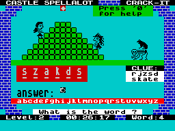 Henrietta's Book of Spells (ZX Spectrum) screenshot: The Crack-It game: here the player is shown a coded word and must enter the decoded word.