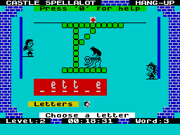 Henrietta's Book of Spells (ZX Spectrum) screenshot: The Hang-Up game: The more answers the player gets right the closer Henrietta moves to the top platform where the crystal awaits