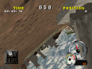 Test Drive: Off-Road 2 (PlayStation) screenshot: Flipped over near the columns.