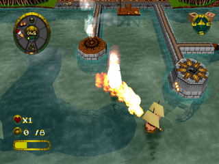 Shipwreckers! (PlayStation) screenshot: Flame-thrower enemy ship