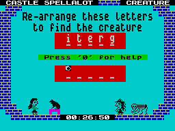 Henrietta's Book of Spells (ZX Spectrum) screenshot: Using a clue provided in the previous screen the player mus solve this anagram