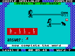 Henrietta's Book of Spells (ZX Spectrum) screenshot: the Complete game: The player is shown partial words and must complete them. <br>Henrietta is in the lower skateboard and has nearly reached Henry and the crystal