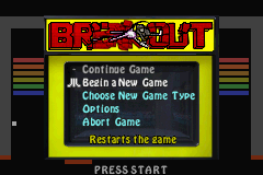 Centipede / Breakout / Warlords (Game Boy Advance) screenshot: Breakout Main Menu