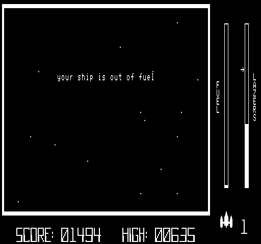 Astro Attacker (Exidy Sorcerer) screenshot: Running out of fuel