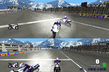 Sports Superbike 2 (PlayStation) screenshot: Track: Siberia. 2 Player Mode.
