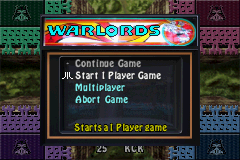 Centipede / Breakout / Warlords (Game Boy Advance) screenshot: Warlords Main Menu