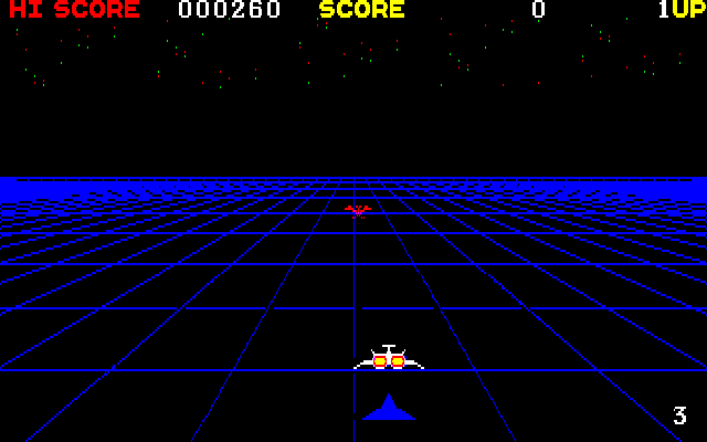 Zoom in Space (PC-88) screenshot: A bird-like ship approaches from the distance...
