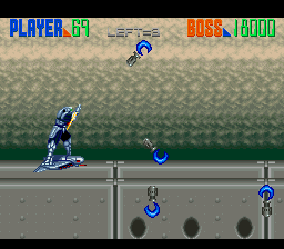 Edo no Kiba (SNES) screenshot: Among other hazard the airship level specializes in bombarding you with homing rockets...