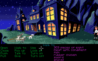 The Secret of Monkey Island (Amiga) screenshot: Can you get past the guard dogs?