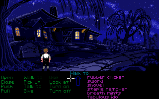 The Secret of Monkey Island (Amiga) screenshot: Outside the sword trainer's home.