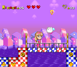 Miracle Girls: Tomomi to Mikage no Miracle World Adventure (SNES) screenshot: The skies are ruled by cat-lumps.