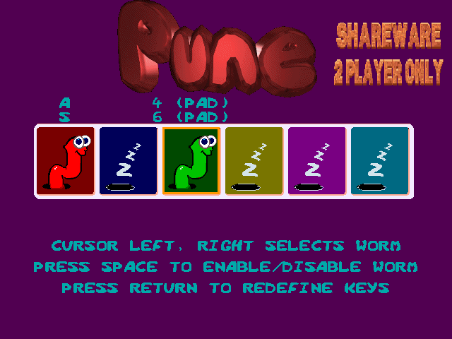 Pune (DOS) screenshot: Choose your warring worms