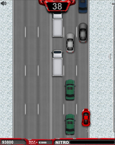 Freeway Fury (Browser) screenshot: Driving a supercar in the snow