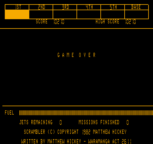 Scrambler (Microbee) screenshot: Game over