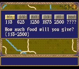 Rise of the Phoenix (SNES) screenshot: Choose how much food to give