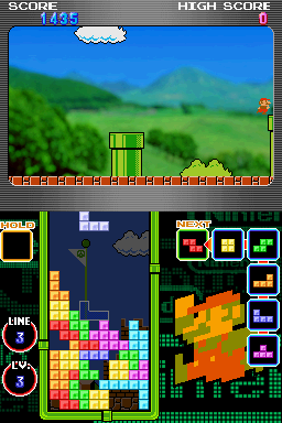 Tetris DS (Nintendo DS) screenshot: The default marathon mode has you clearing lines while Mario does his thing on the top screen.