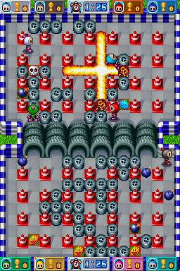 Bomberman (Nintendo DS) screenshot: Another fellow competitor buys the farm.